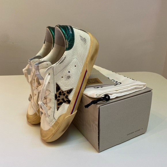 Golden Goose Superstar Penstar White Leather/Green/Leopard Star sz 38 New in Box - Picture 5 of 14